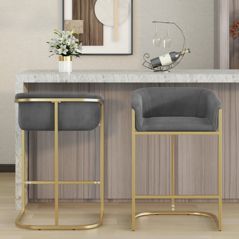 Velvet Upholstered Bar Stool Set with Gold Frame