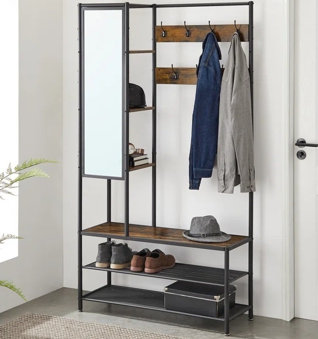 Minimalistic Mixed Material Entryway Hall Tree with Mirror
