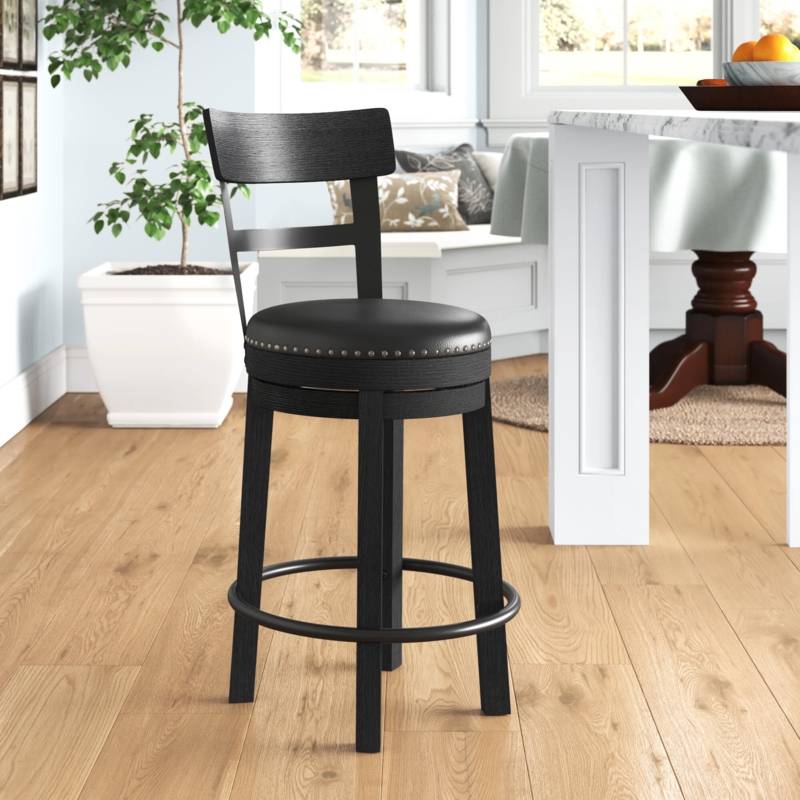 Upholstered Swivel Bar Stool with Antiqued Finish