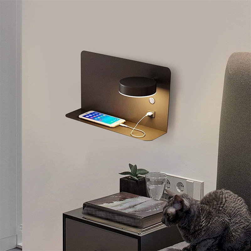 Adjustable LED Wall Light with Shelf and USB Port