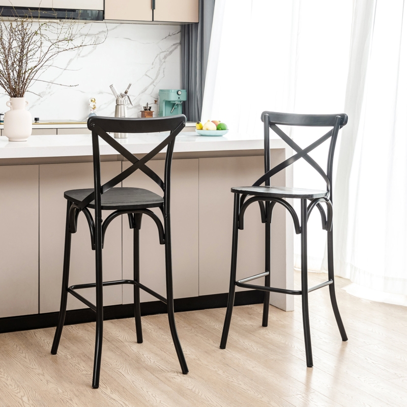 Industrial Bar Stool Set with X-Shaped Back