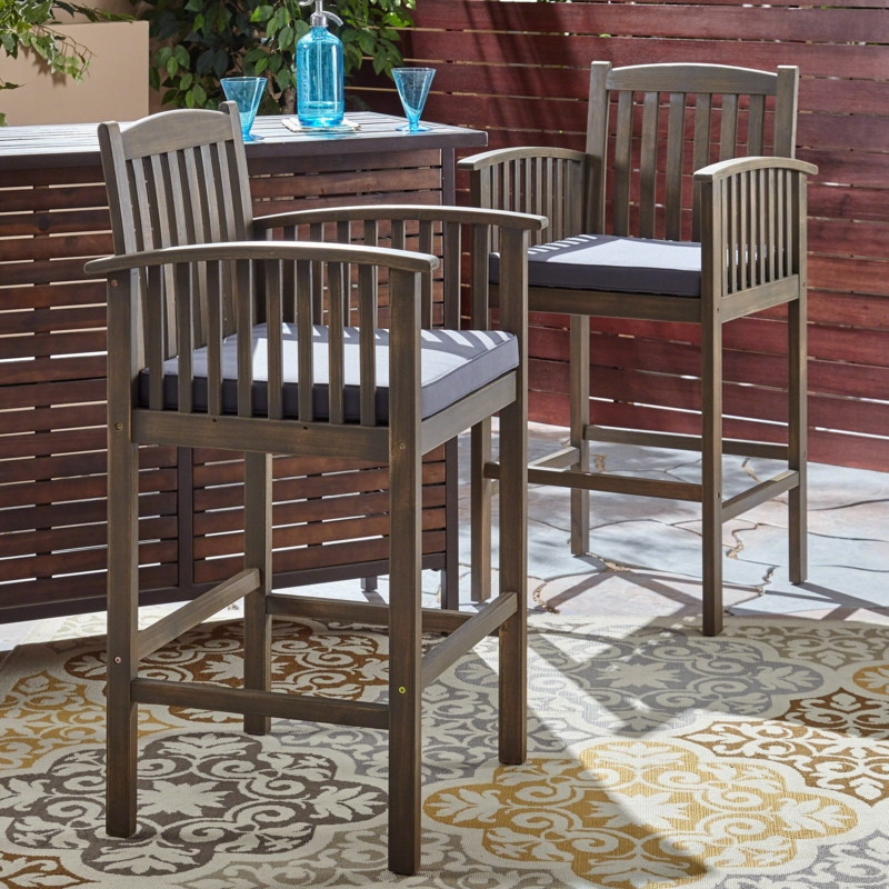 Acacia Wood Bar Stools with Armrests and Cushions (Set of 2)