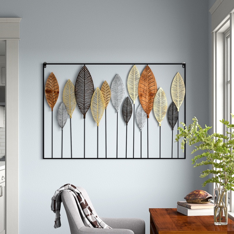 Rectangular Wood and Metal Leaf Wall Decor
