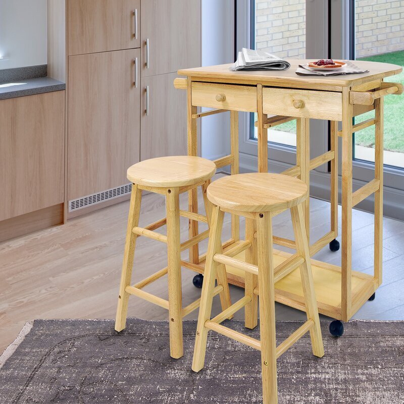 Natural Wood Movable Kitchen Island With Seating