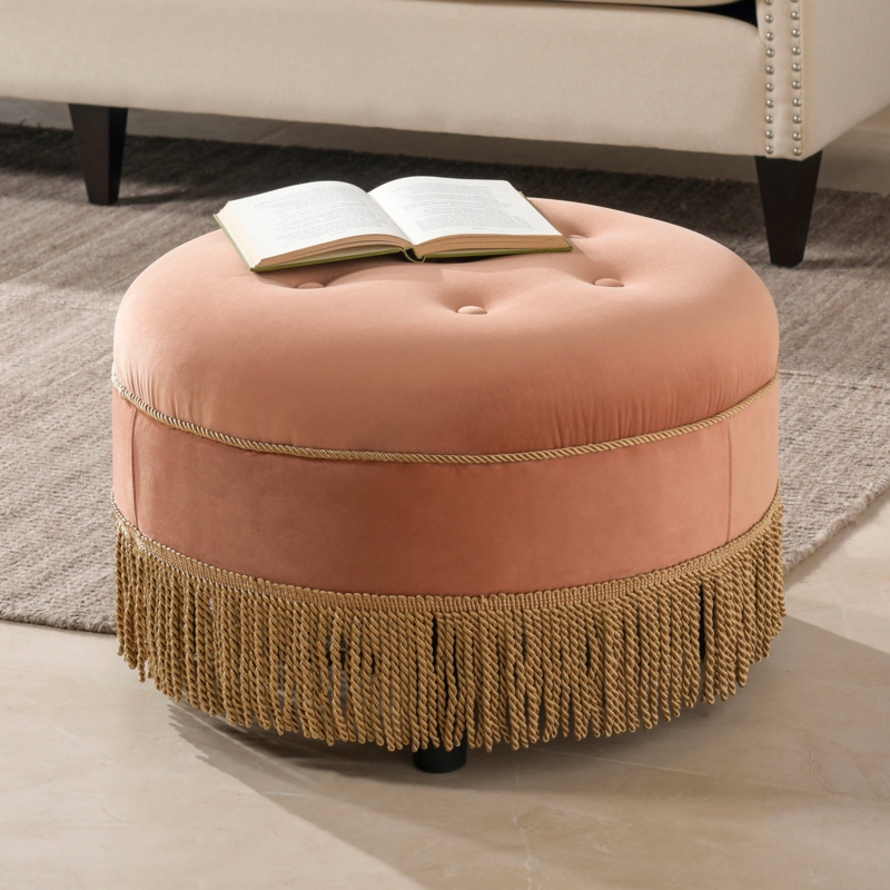 Traditional Hand-Tufted Ottoman with Fringe