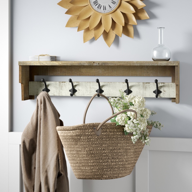 Nicola 31.5'' Wide Solid Wood 5 - Hook Wall Mounted Coat Rack with Storage