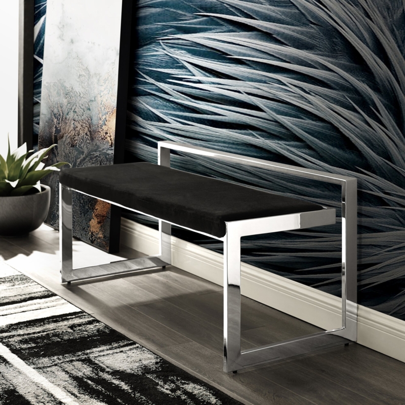 Velvet Upholstered Bench with Geometric Metal Base