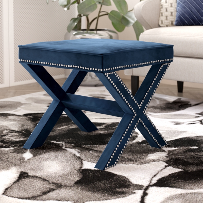 Velvet Upholstered Ottoman with Nailhead Detailing