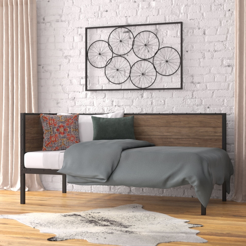 Mixed-Material Twin Bed with Rivet Accents