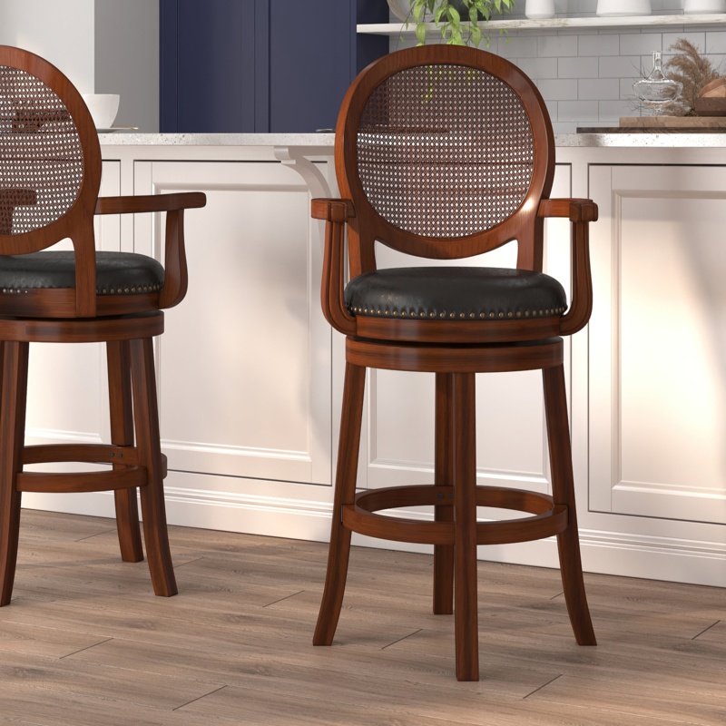 Nyo 26" High Expresso Stool w/ Arms, Woven Rattan Back & LeatherSoft Seat