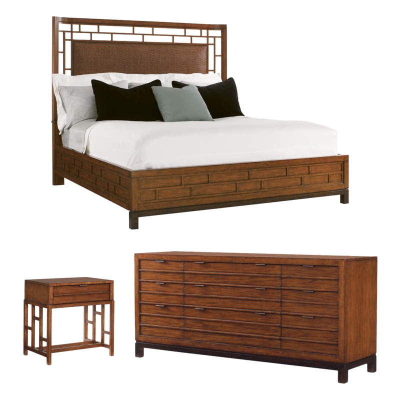 Woven Rattan Curved Bed with Open Grid Headboard