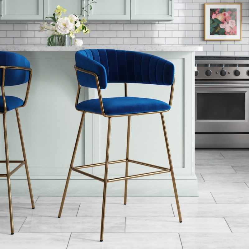 Blue Velvety Barstool with Golden Legs