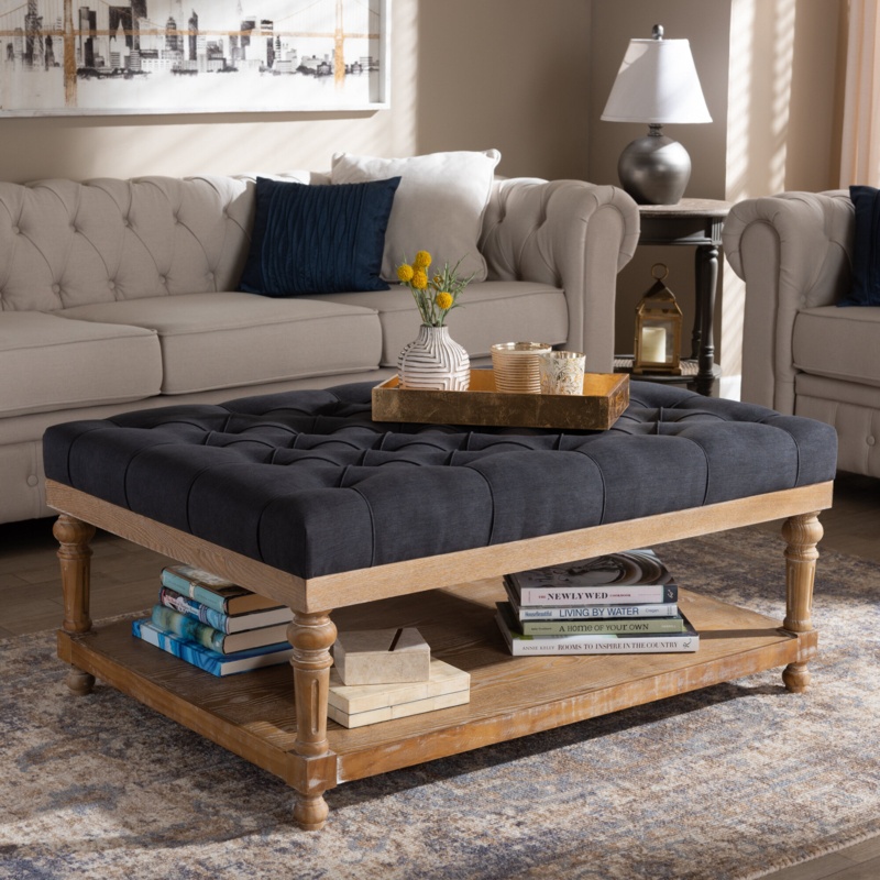 Rustic Linen Upholstered Ottoman with Storage Shelf