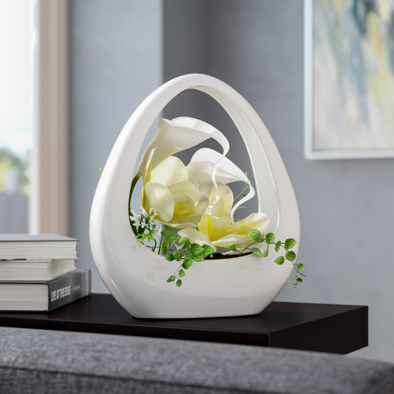 Curved Ceramic Vase with Faux Orchids and Calla Lilies