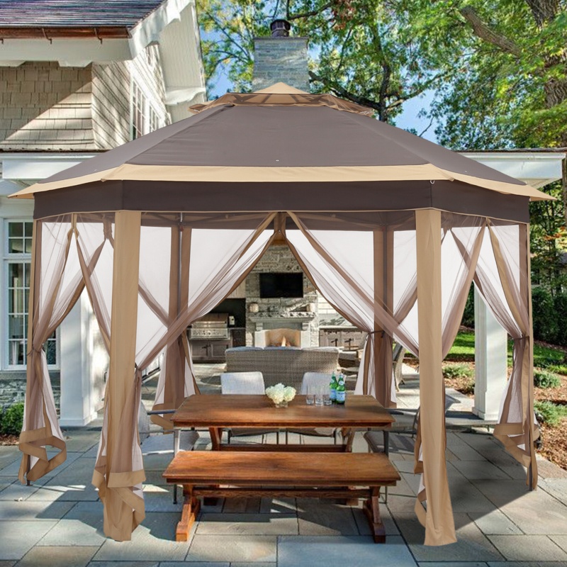 Outdoor 6-Sided With Sidewalls, Double-Roofed & Extended Eaves 12 Ft. W x 12 Ft. D Steel Pop-Up Canopy