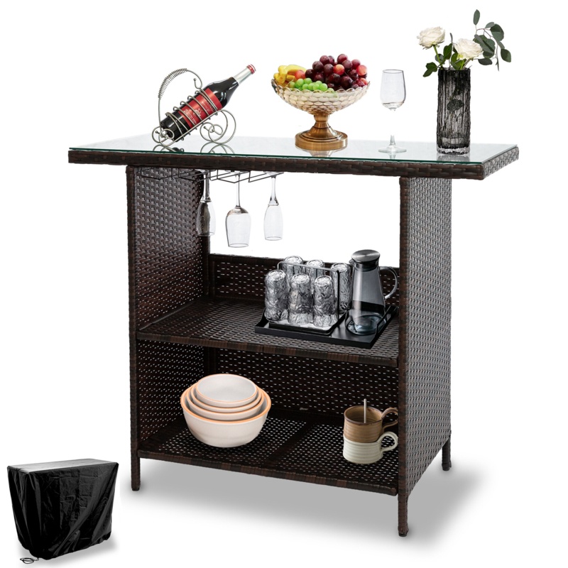 Outdoor Patio Bar Table, Pe Wicker Bar Counter Table With 3 Set Of Rails, Tempered Glass Desktop, Waterproof Cover , Suitable For Outdoor, Patio, Poolside, Garden.
