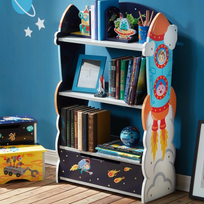 Kids Wooden Bookshelf with Storage Drawer and Outer Space Theme