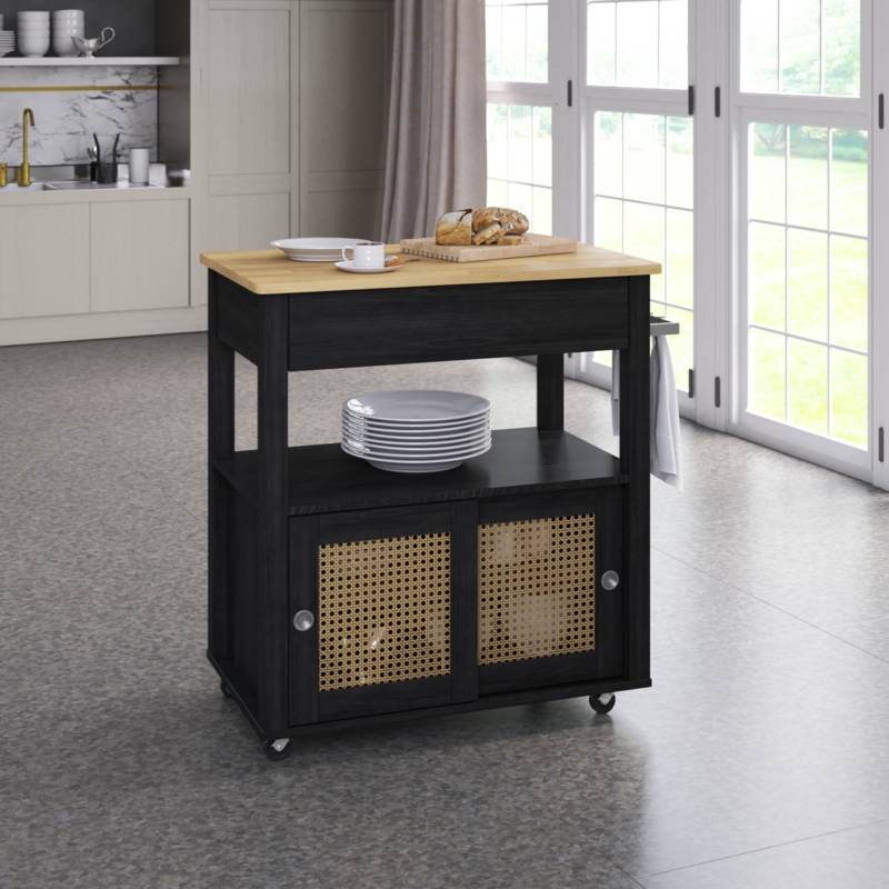 Boho Kitchen Cart with Sliding Cane Doors