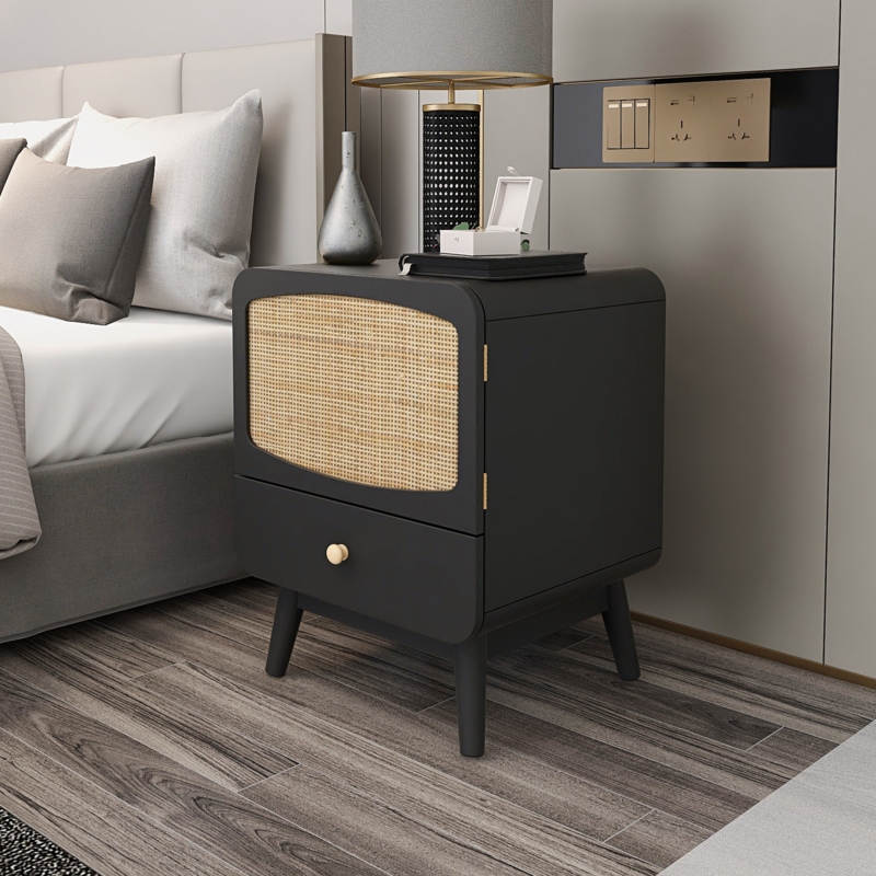 Black Nightstand with Storage Drawer and Rattan Door