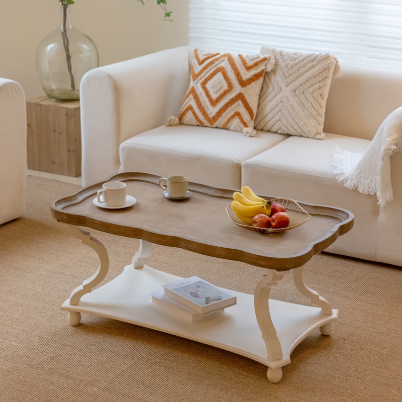 Plaisance Rustic Farmhouse Cottage Core Coffee Table Natural Tray Top Sofa Table for Family, Dinning