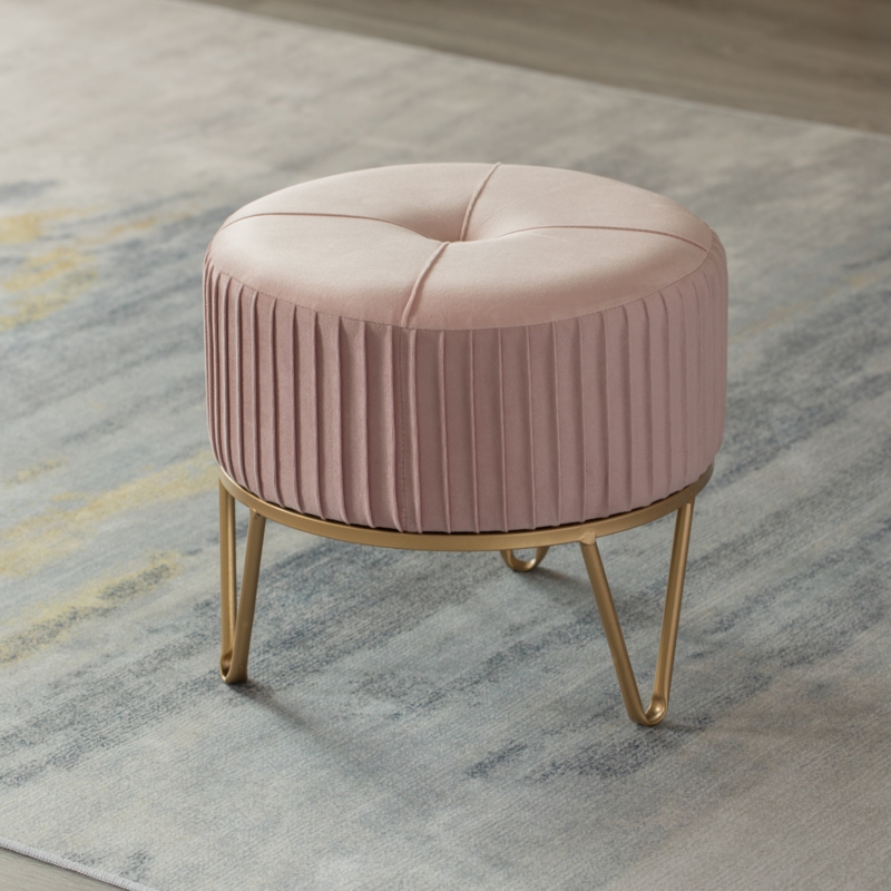 Round Velvet Ottoman with Gold Metal Base