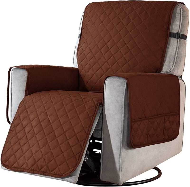 Quilted Reversible Box Cushion Recliner Slipcover With 6 Side Pockets And Strap