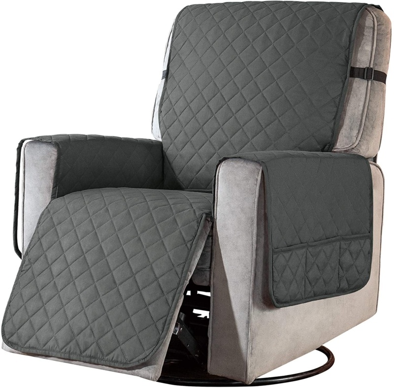 Quilted Reversible Box Cushion Recliner Slipcover With 6 Side Pockets And Strap