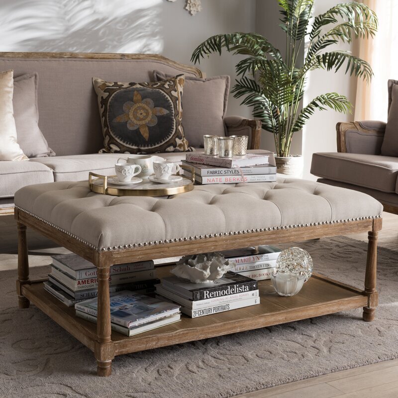 Rectangular Ottoman With Shelf and Distressed Detailing