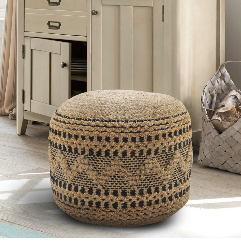 Geometric Jute Pouf with Natural Fibers