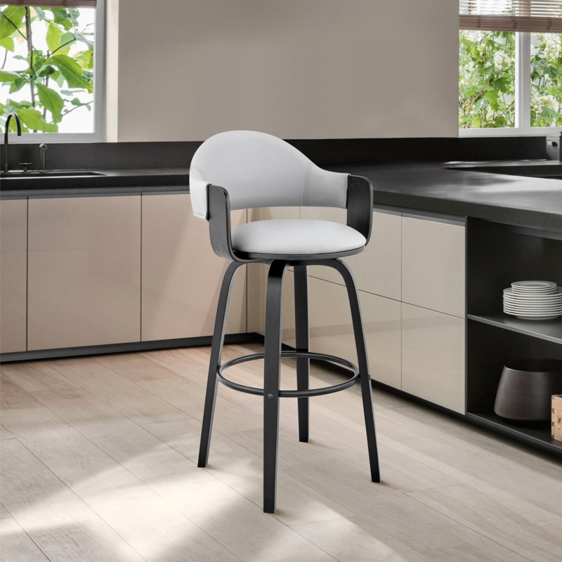 Romarin 26" Gray Faux Leather And Black Wood Bar Stool