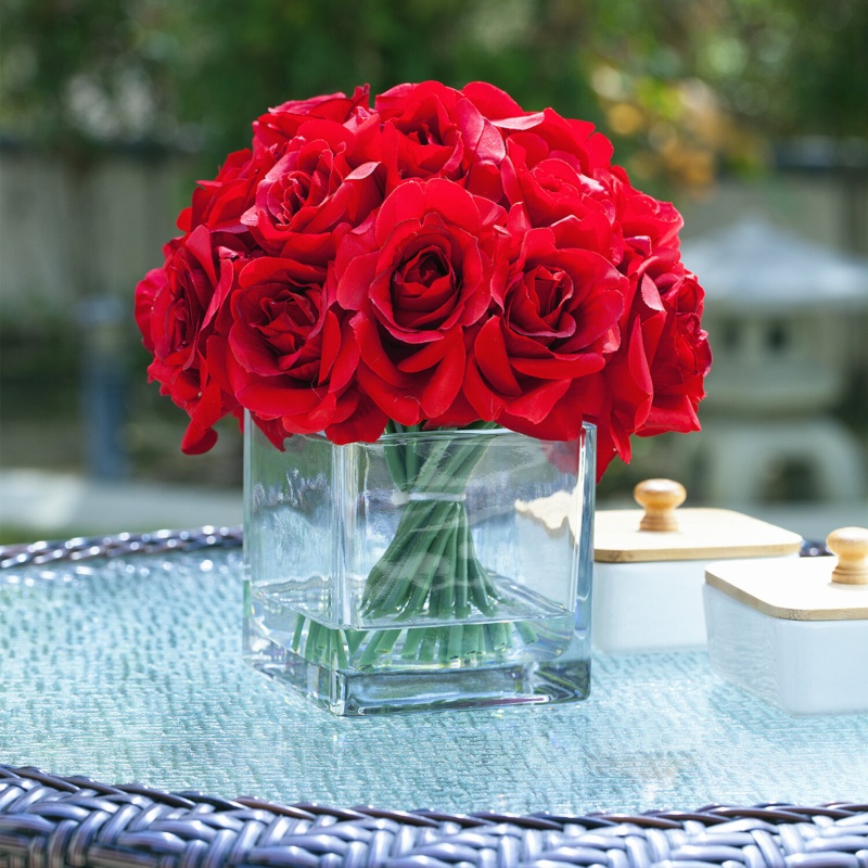 Silk Rose Flower Arrangement in Cube Glass Vase