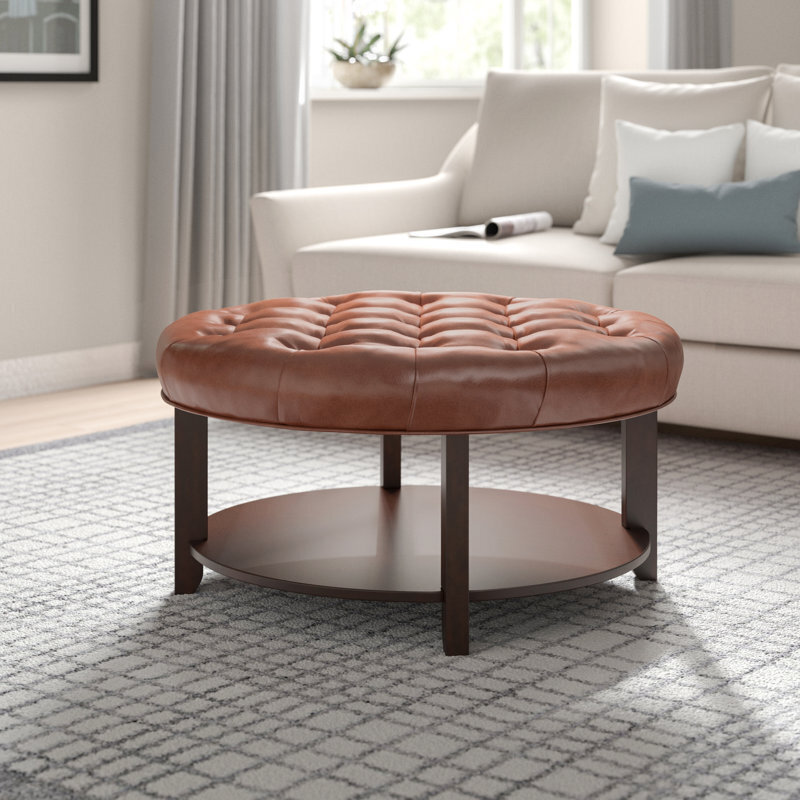 Round Leather Ottoman With Shelf