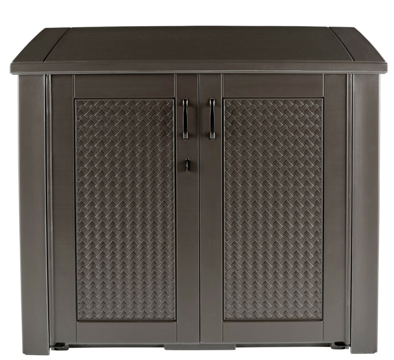Rubbermaid 123 Gallons Gallon Water Resistant Plastic Lockable Cabinet Deck Box in Chocolate