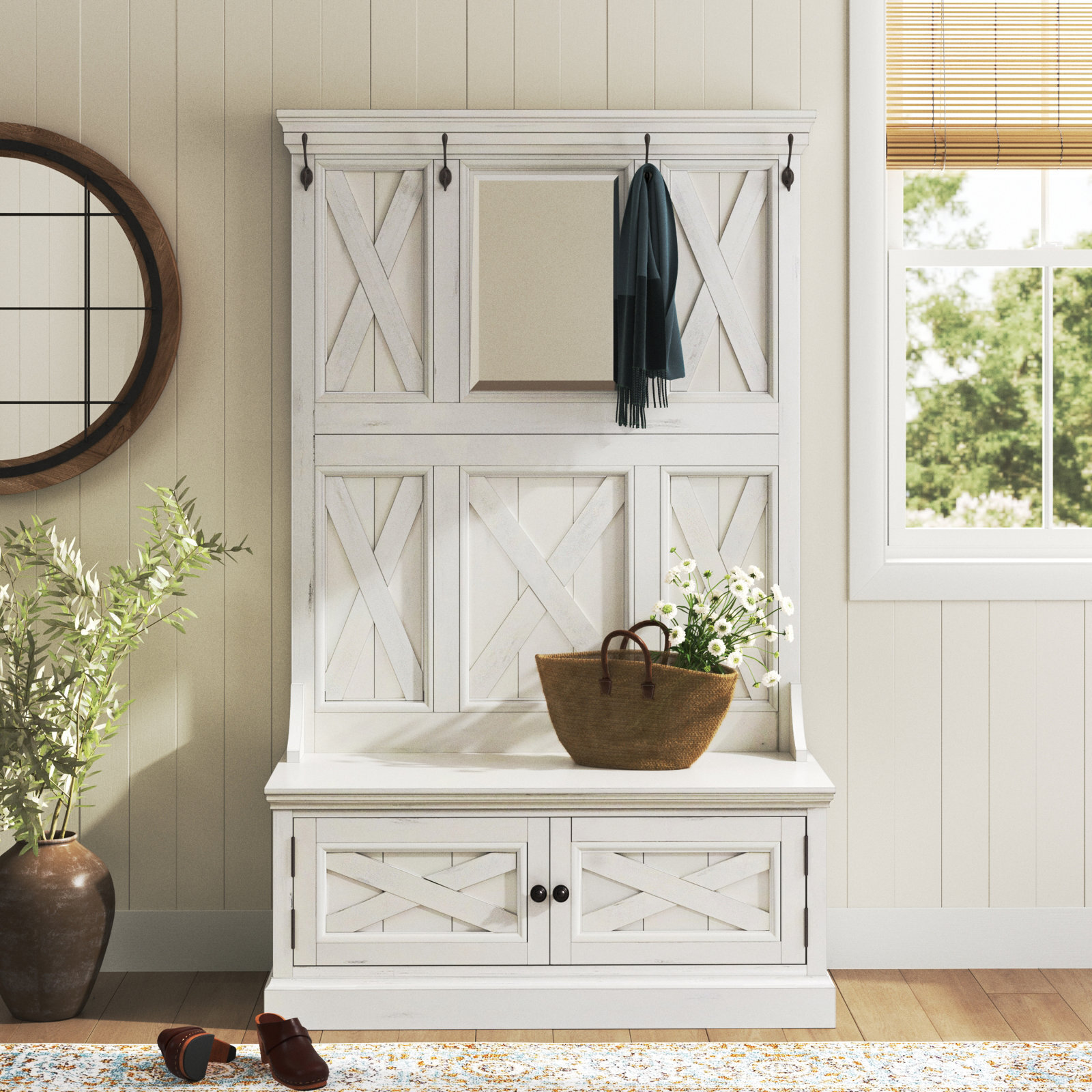 Rustic Farmhouse Hall Tree with Bench and Mirror