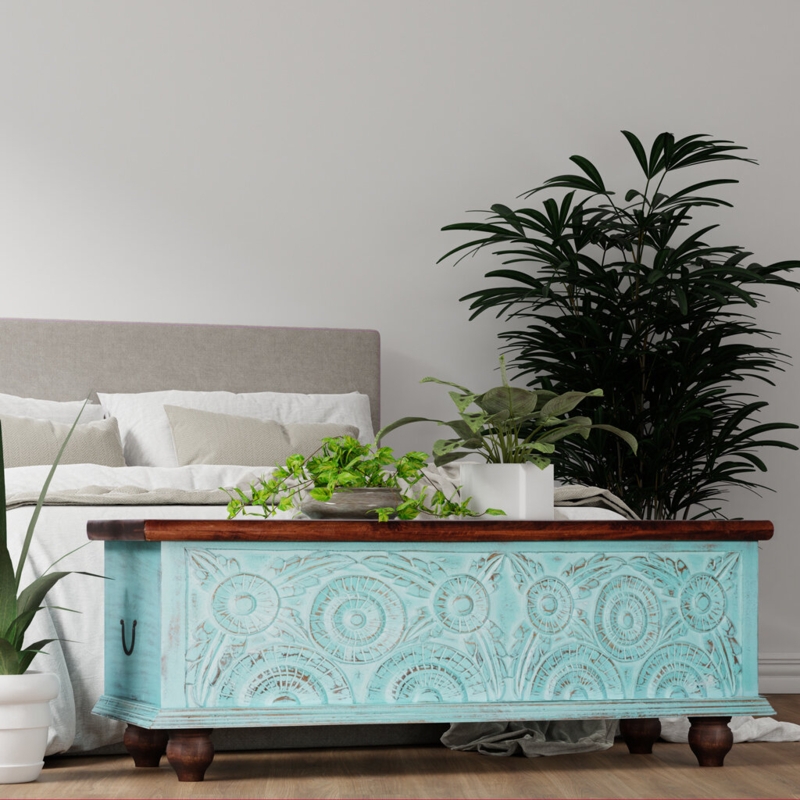 Mango Wood Rectangular Trunk with Carved Circles