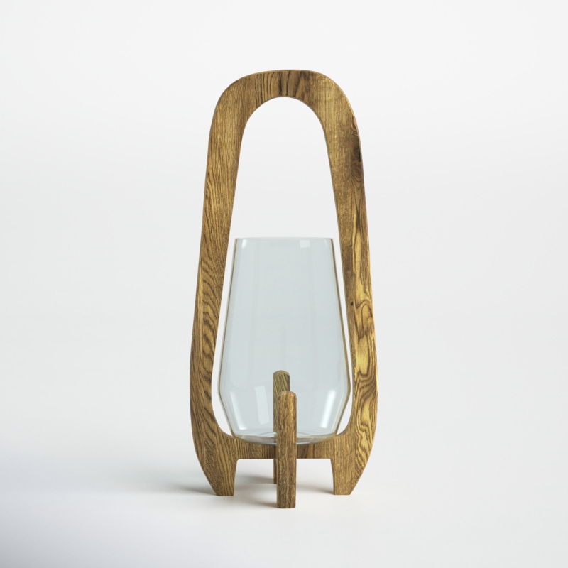 Sculpted Wood Glass Hurricane Lantern