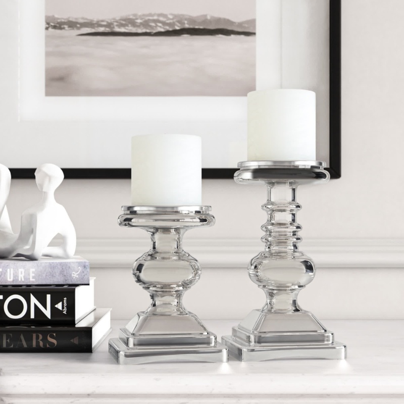 Silver Glass Handmade Turned Style Pillar Candle Holder with Faux Mercury Glass Finish 2 - Pieces