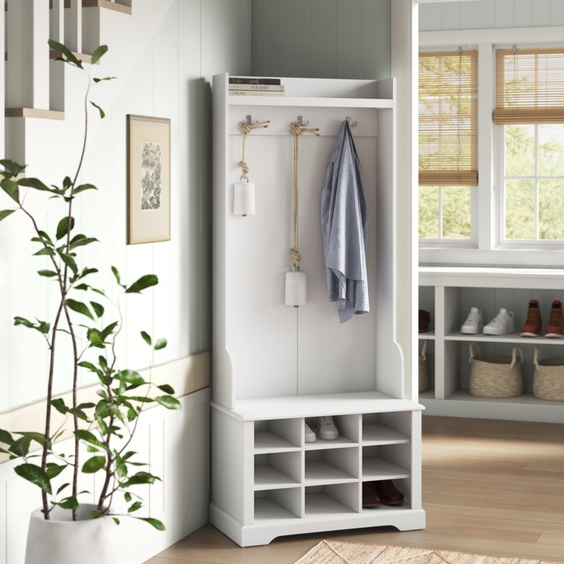 Coastal Farmhouse Hall Tree with Shoe Storage