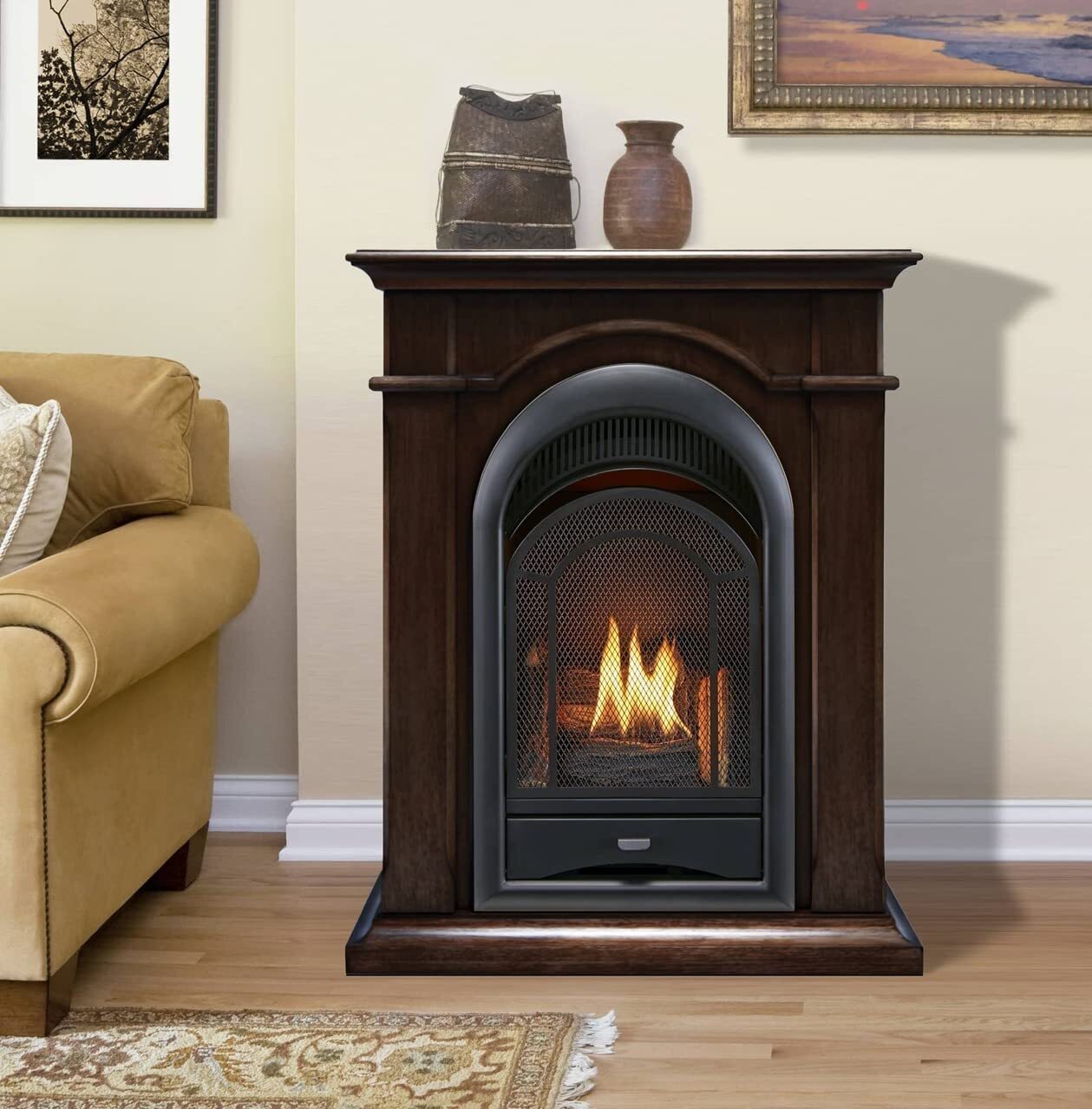 Slim Dark Wood Corner Propane Fireplace