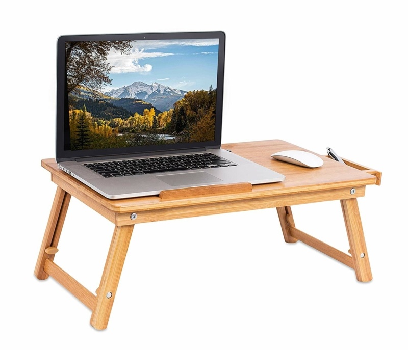 Sofia + Sam Laptop Lap Tray With Adjustable Legs - Bamboo - Foldable Breakfast Serving Bed Tray - Lap Desk With Tilting Top And Side Drawer - Laptop Stand - Natural