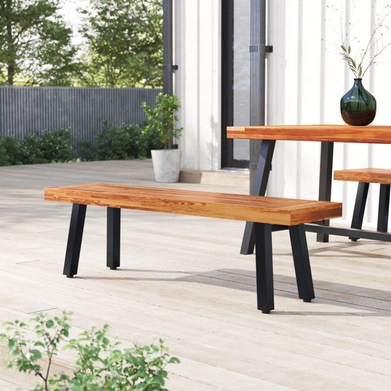 Acacia Wood Patio Bench with Metal Legs