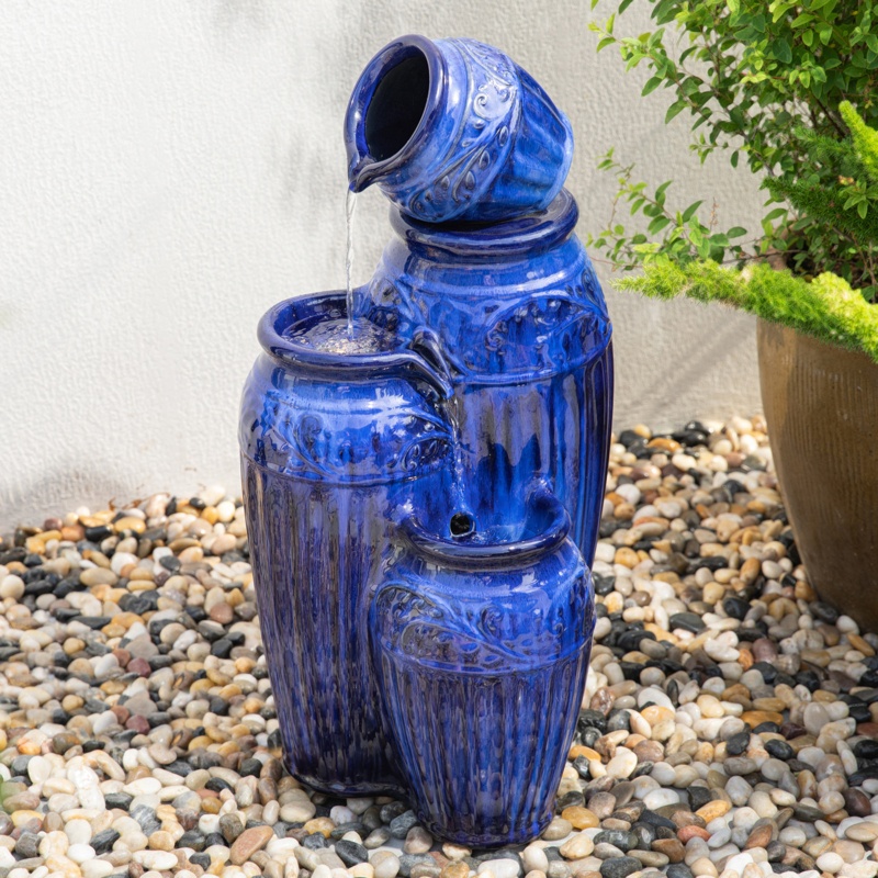 Sondra 3 Tier Cobalt Embossed Pattern Ceramic Pots Fountain with Light