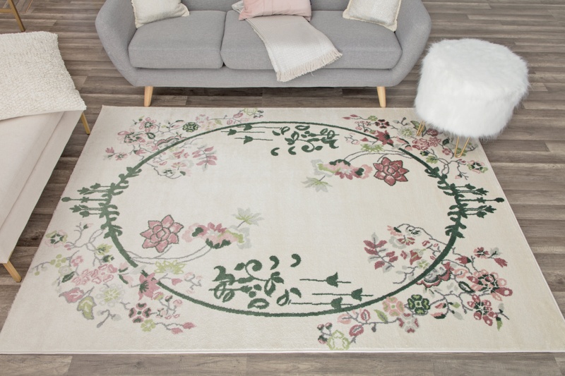 Souder Machine Woven / Power Loomed Performance Ivory/Green/Pink Rug