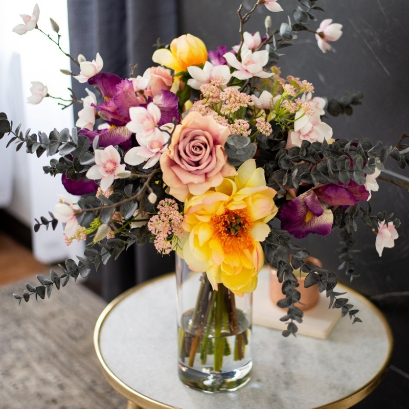 Spring Reverie - Real Touch Lavender Rose, Giant Yellow Peony, Purple Iris & Butterfly Magnolia Branches All Season Water Illusion Arrangement