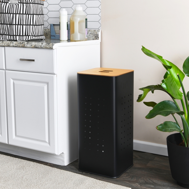 Sleek Metal Laundry Hamper with Wooden Lid