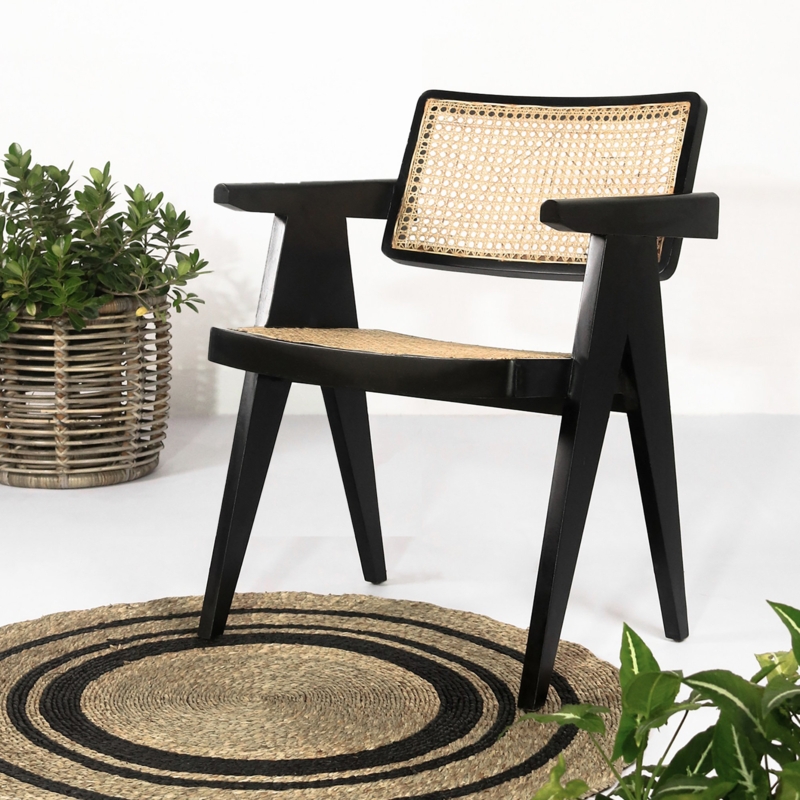 Modern Teak Armchair with Woven Rattan