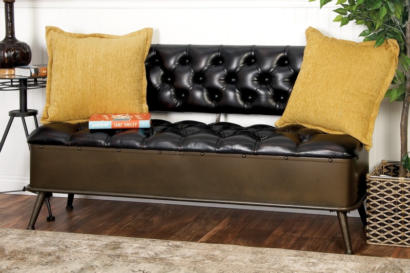 Rectangular Storage Bench with Dark Faux Leather Finish