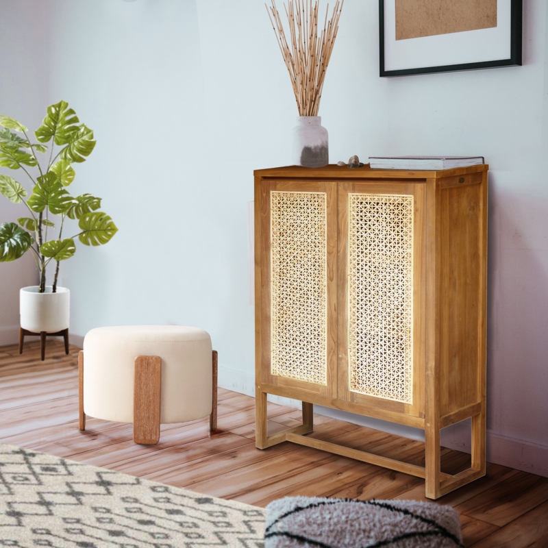 Eco-Friendly Retro Wood and Cane Bookcase