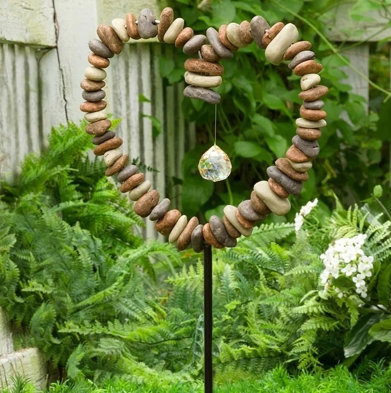 Stone and Crystal Heart Shaped Garden Stake