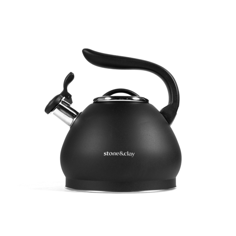 Stone & Clay Whistling Tea Kettle (3l) - Modern Capsule Shape Tea Pot For Stovetop - Corrosion Resistant Food Grade Stainless Steel - With Cool Touch Ergonomic Handle And Easy Press Pour Spout - Black